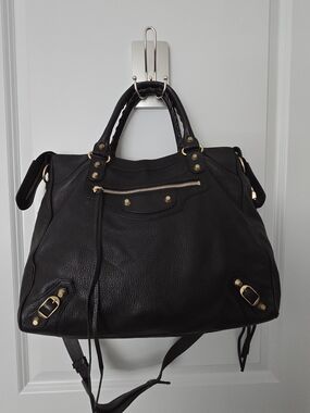 Balenciaga Black Leather Shoulder Bag with Gold Hardware